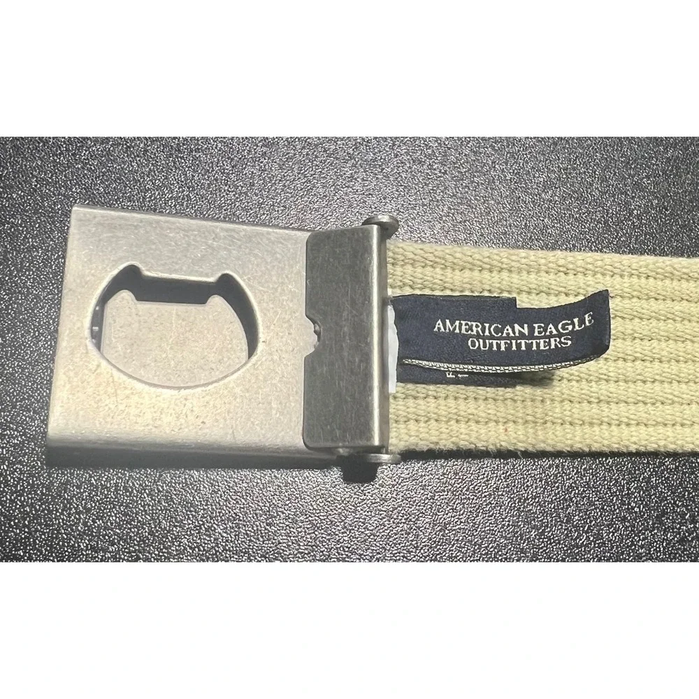 American Eagle Mens Khaki Canvas Web Belt Bottle Opener Buckle Tan Size S